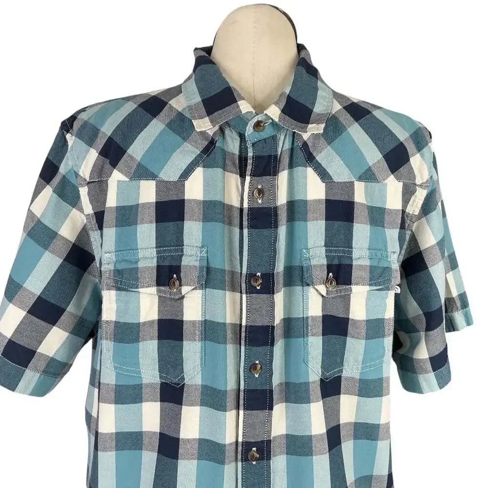 The North Face Gardello Shirt Mens Xl Blue White Plaid Short Sleeve Button Up